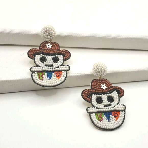 NEW COWBOY SKELETON BOO RICE BEAD HALLOWEEN EARRINGS - Picture 1 of 7